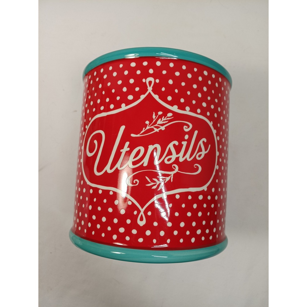 The Pioneer Woman Flea Market Red Polka Dot Stoneware Utensil Crock 6.5in Teal - Picture 5 of 5